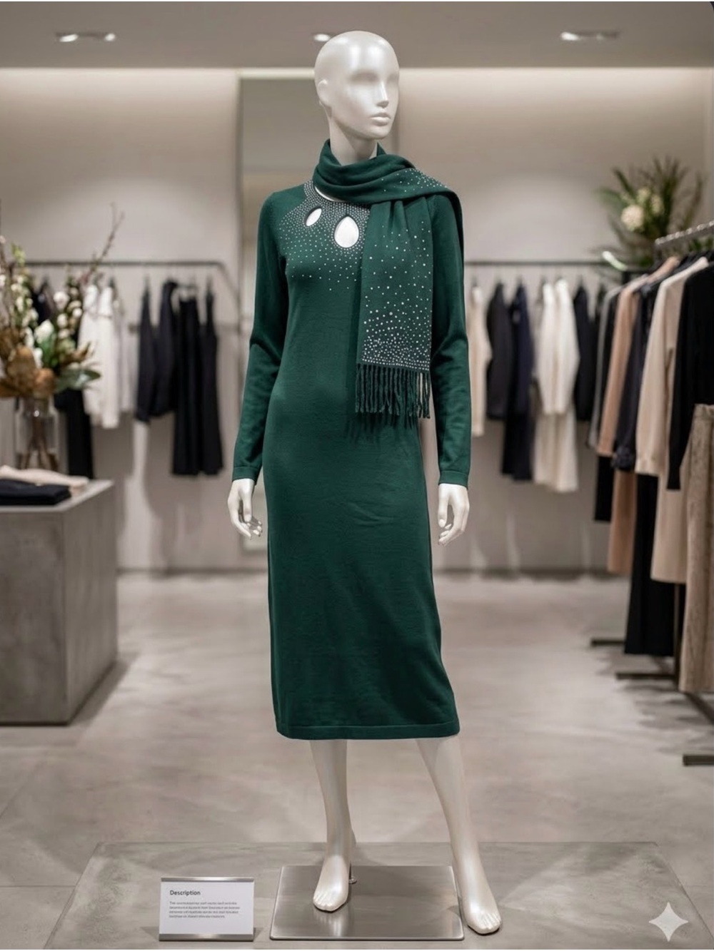 Forest Green Long-Sleeve Knit Midi Dress (on the knees)with Embellished Scarf